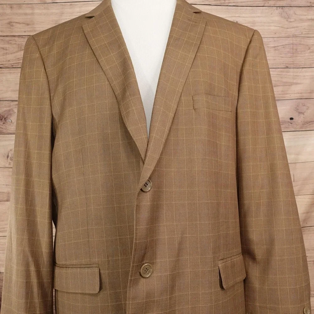Stacy Adams Gold Sport Coat 48R Brown Plaid Polyester Rayon 2 Button Jacket